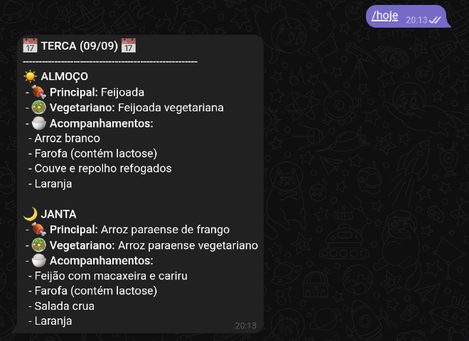Chat with the RUBot displaying the daily menu