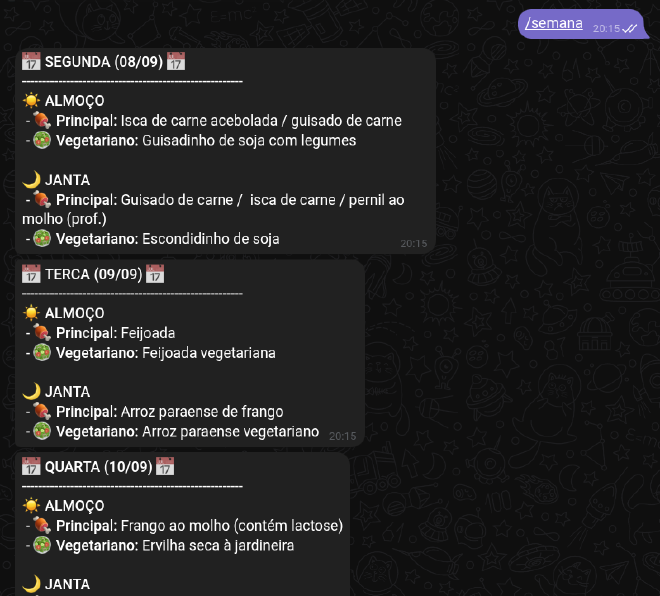 Chat with the RUBot displaying the weekly menu